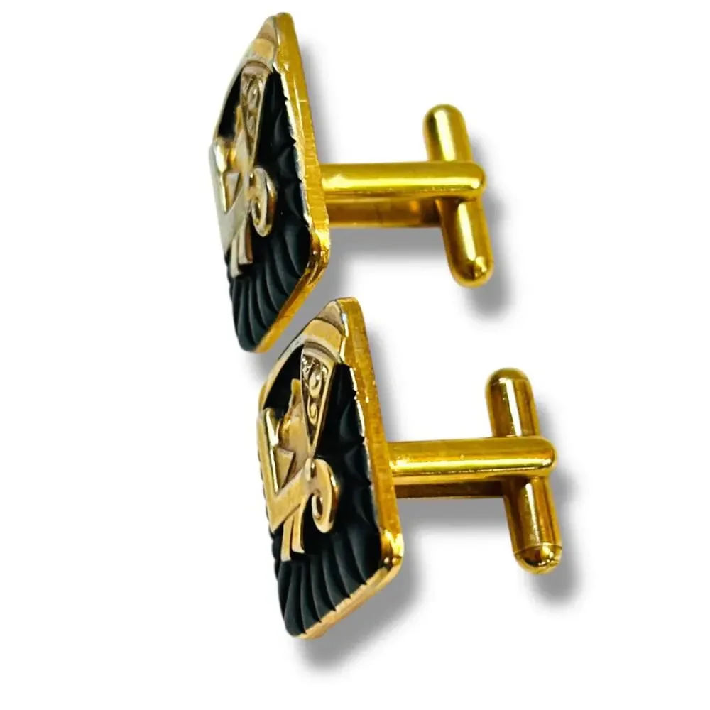 Vintage Set of Cufflinks and Tie Bar Clip Goldtone Black Enameled